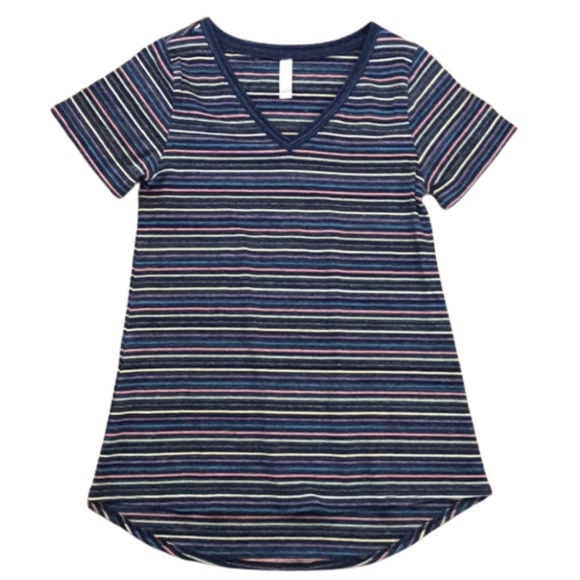 LULAROE short sleeved v neck striped rainbow blue tee - Picture 3 of 8